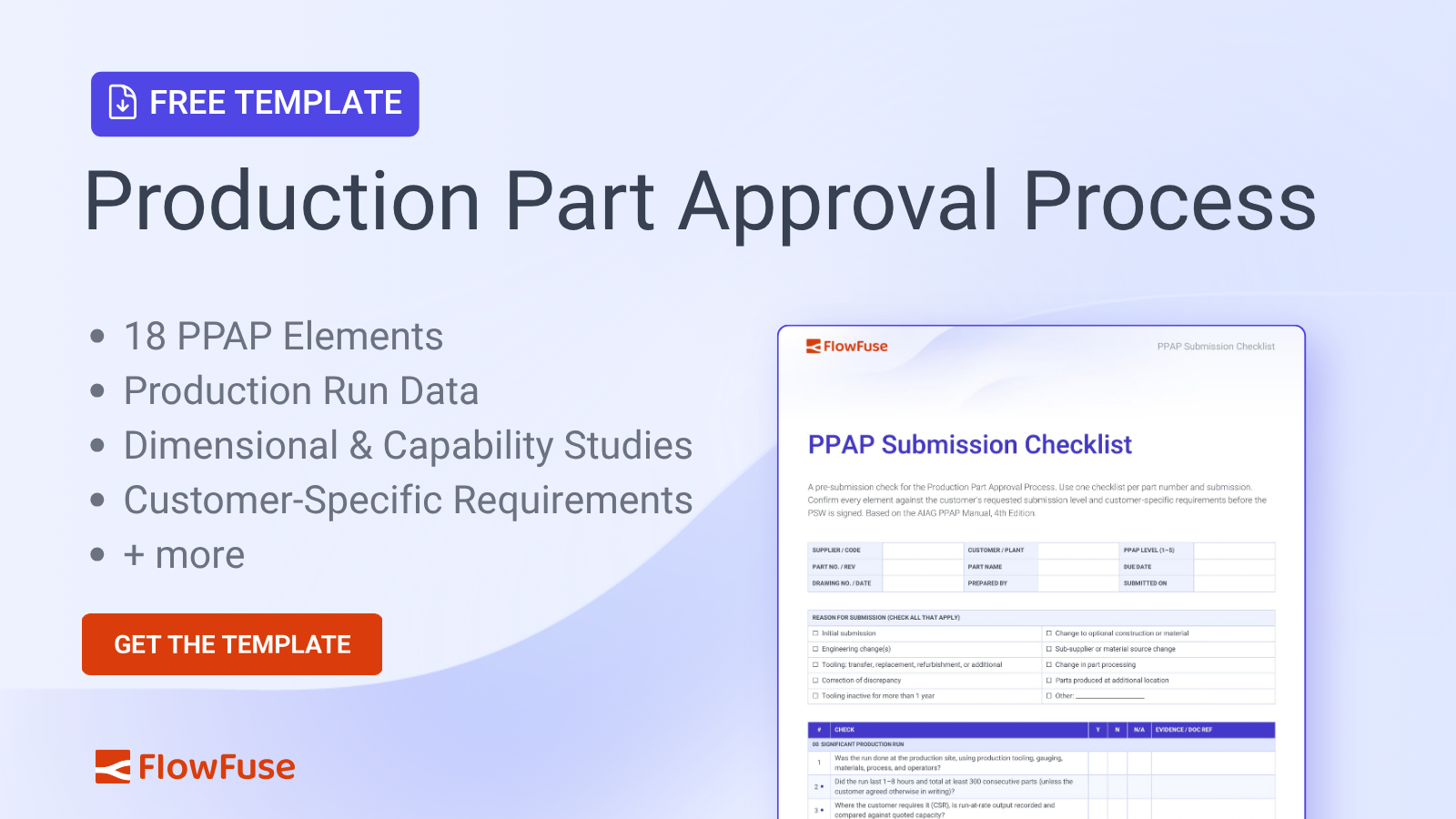 Free download: PPAP submission checklist template covering the 18 PPAP elements, production run data, and capability studies