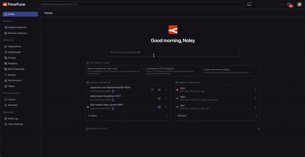 The team overview with the Expert composer at the top, suggested prompts beneath it, and the instance lists and recent activity below